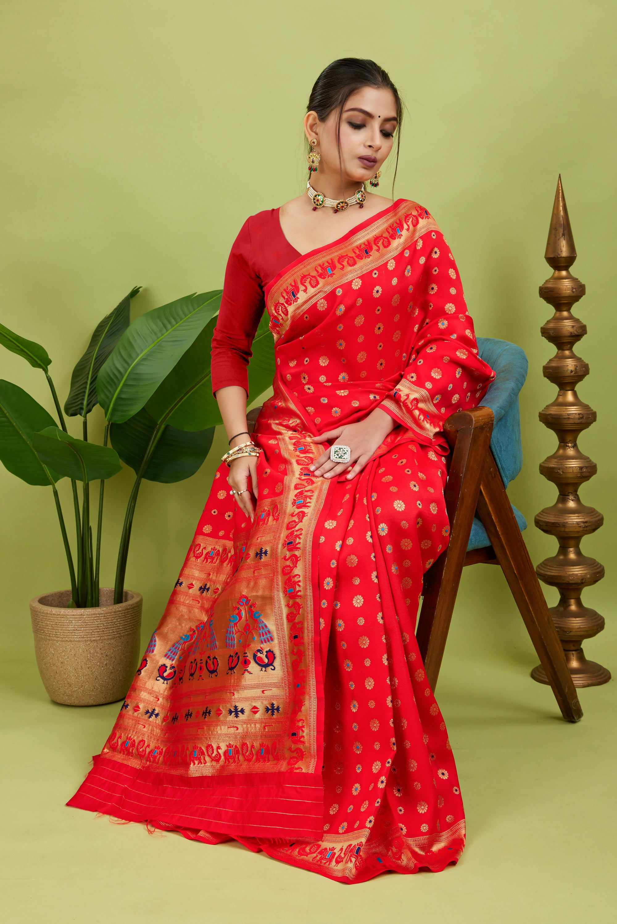Red Minakari Paithani Silk Saree