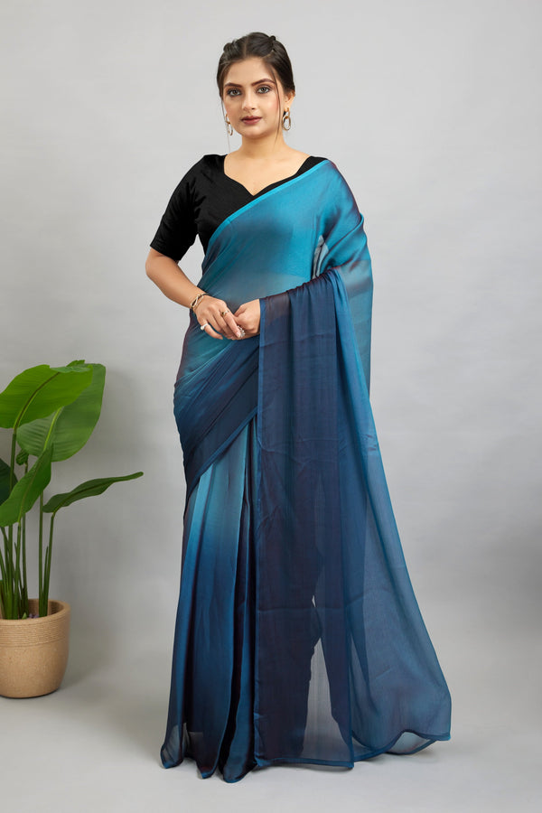 Blue Ready To Wear Two Toned Nylon Silk Saree