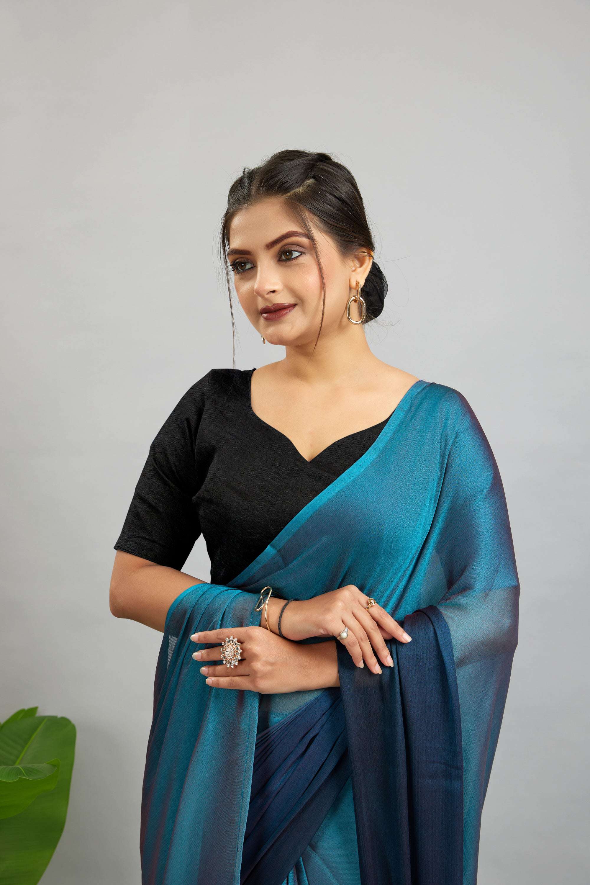 Blue Ready To Wear Two Toned Nylon Silk Saree