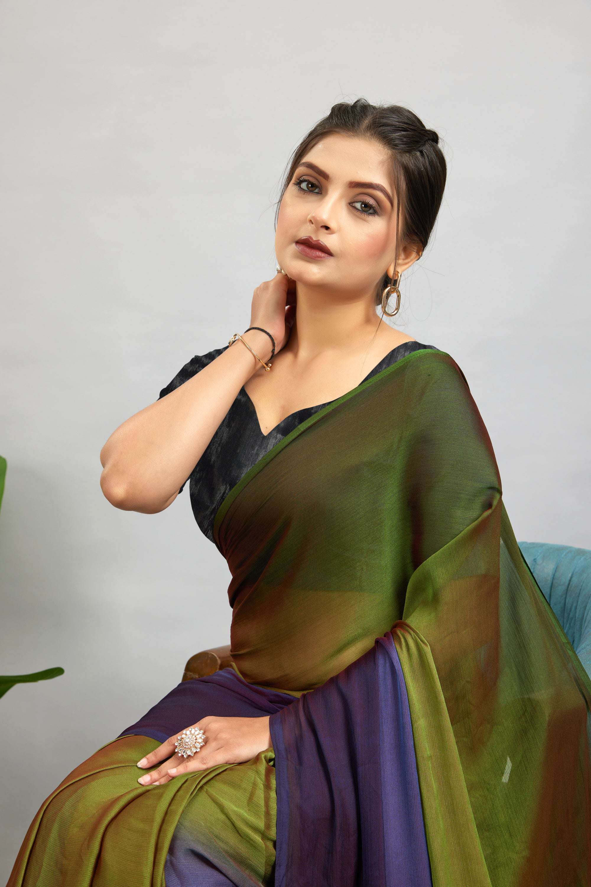 Green Ready To Wear Two Toned Nylon Silk Saree