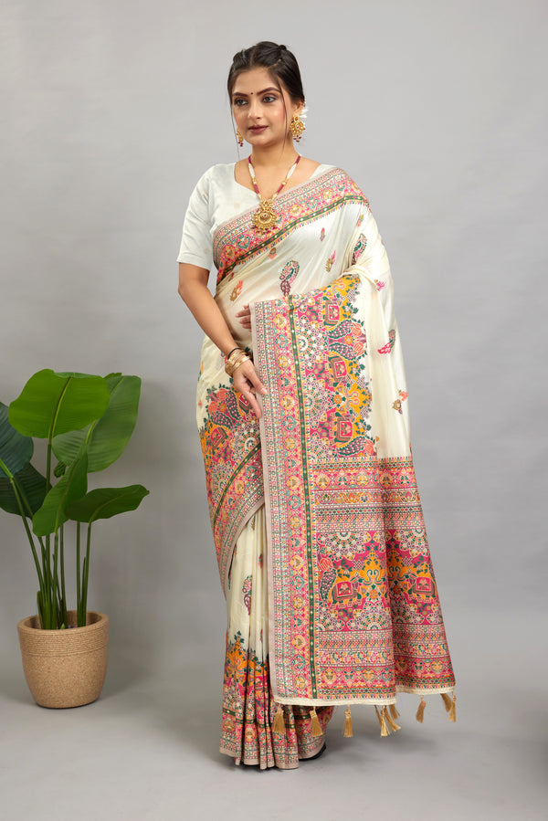 Rajwadi Pashmina  Fabric With Kashmiri thread Work Silk Saree