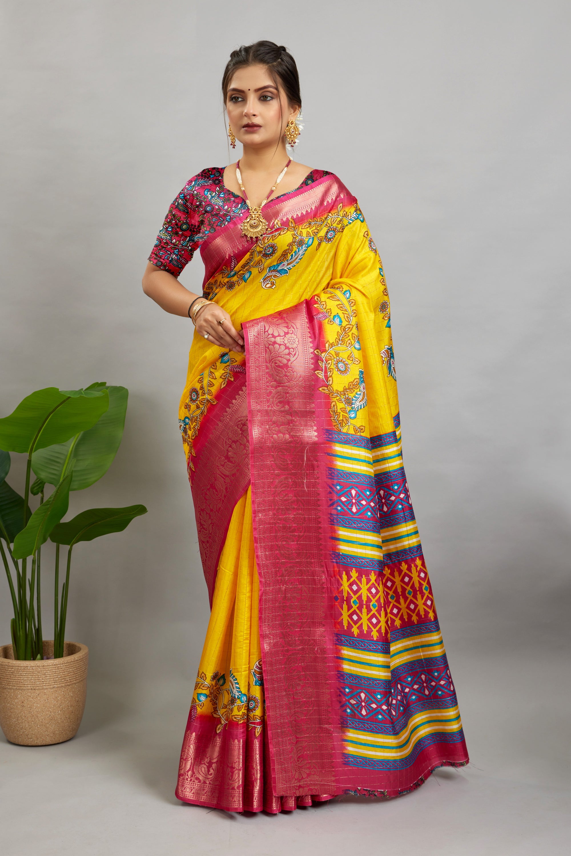 Yellow Digital Printed Cotton Silk Saree