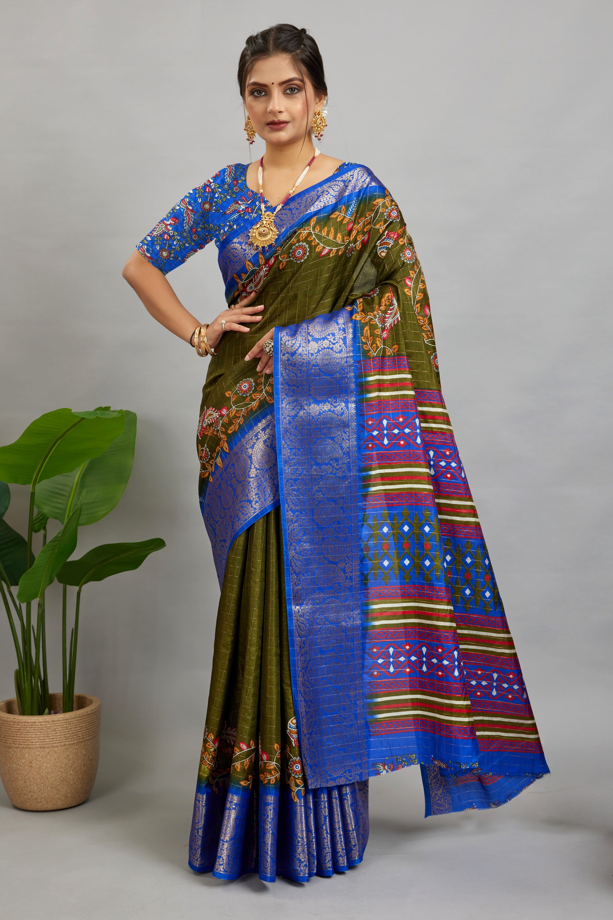 Brown Digital Printed Cotton Silk Saree