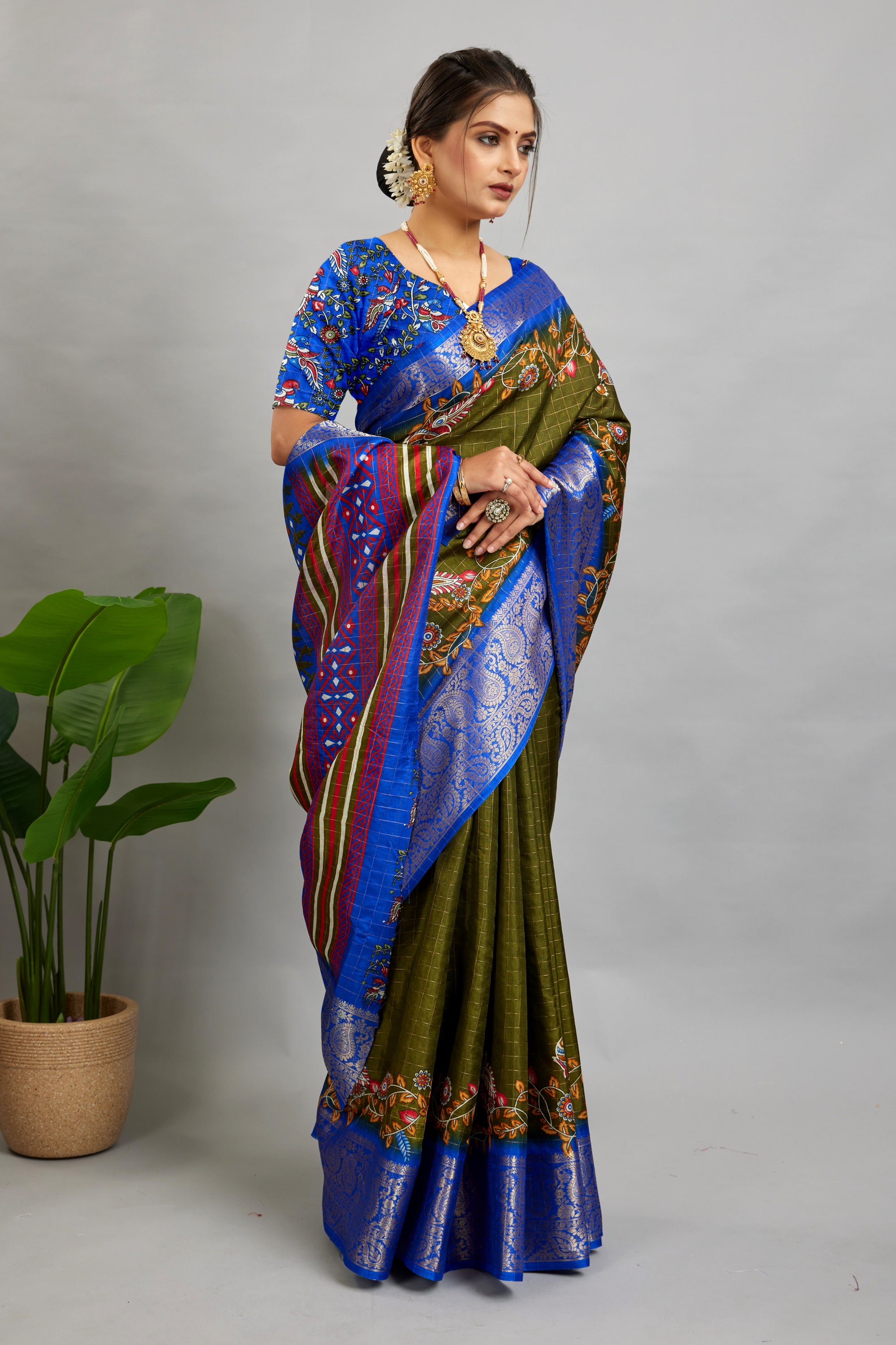Brown Digital Printed Cotton Silk Saree