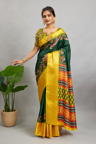 Green Digital Printed Cotton Silk Saree