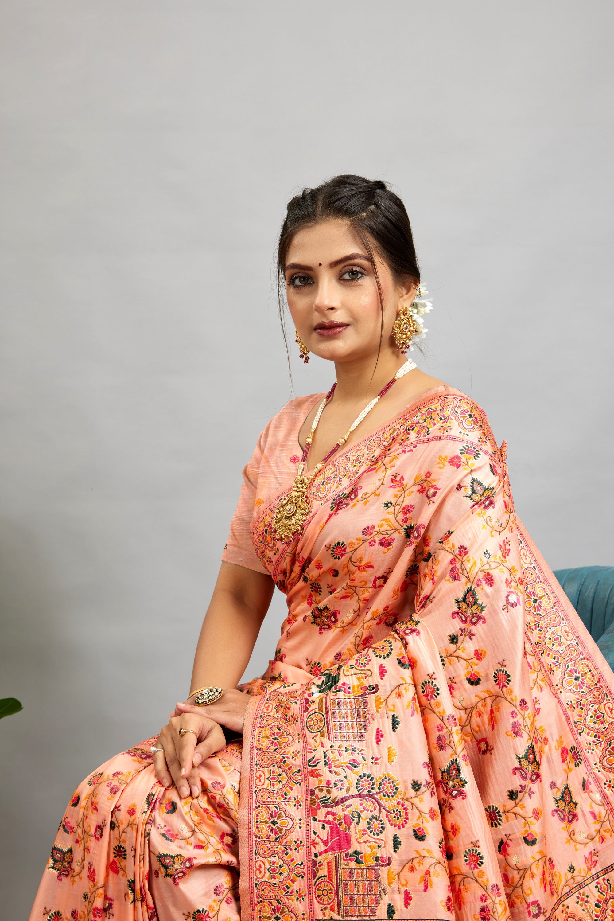 Peach Minakari Banarasi Saree