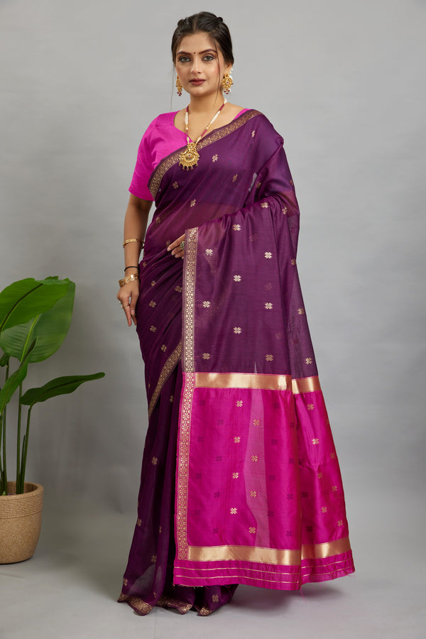 Dark Pink Toned Cotton Silk Saree