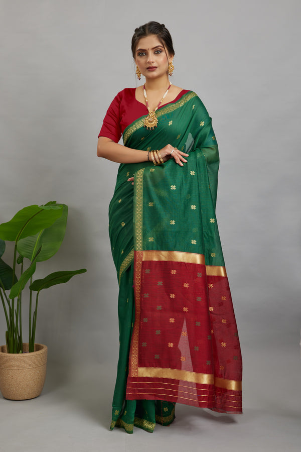 Dark Green Toned Cotton Silk Saree