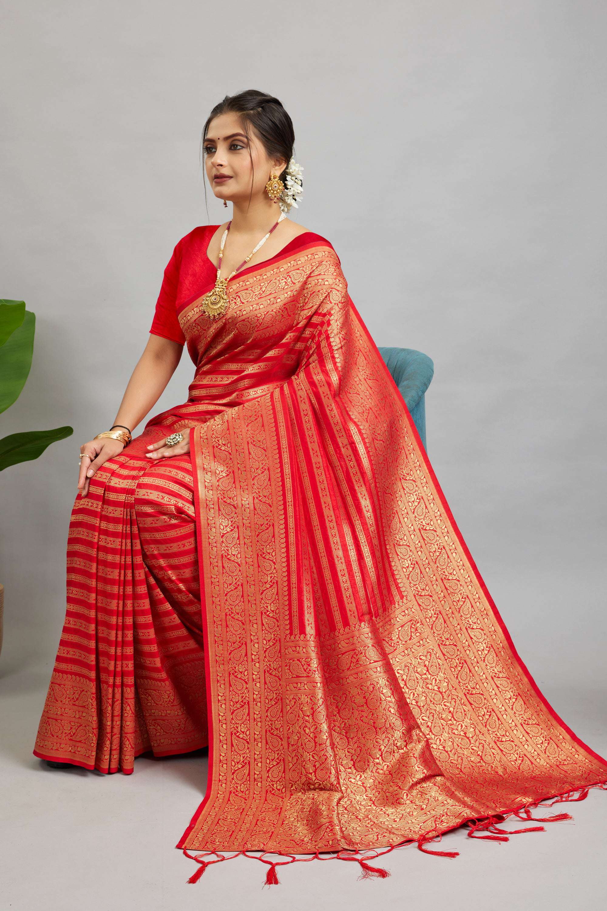 Red Woven Banarasi Khadi Silk Saree