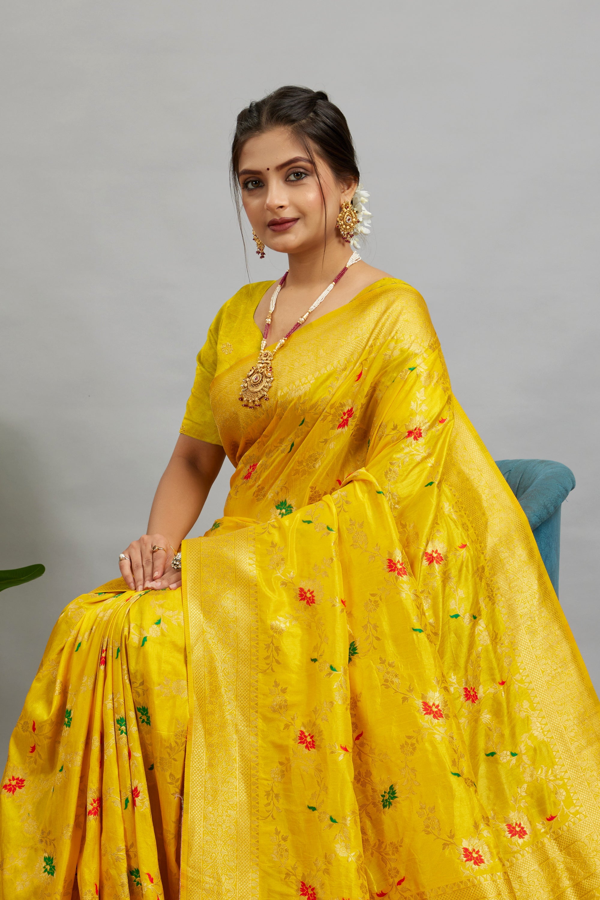 Yellow Pure Banarasi Khadi Silk Saree