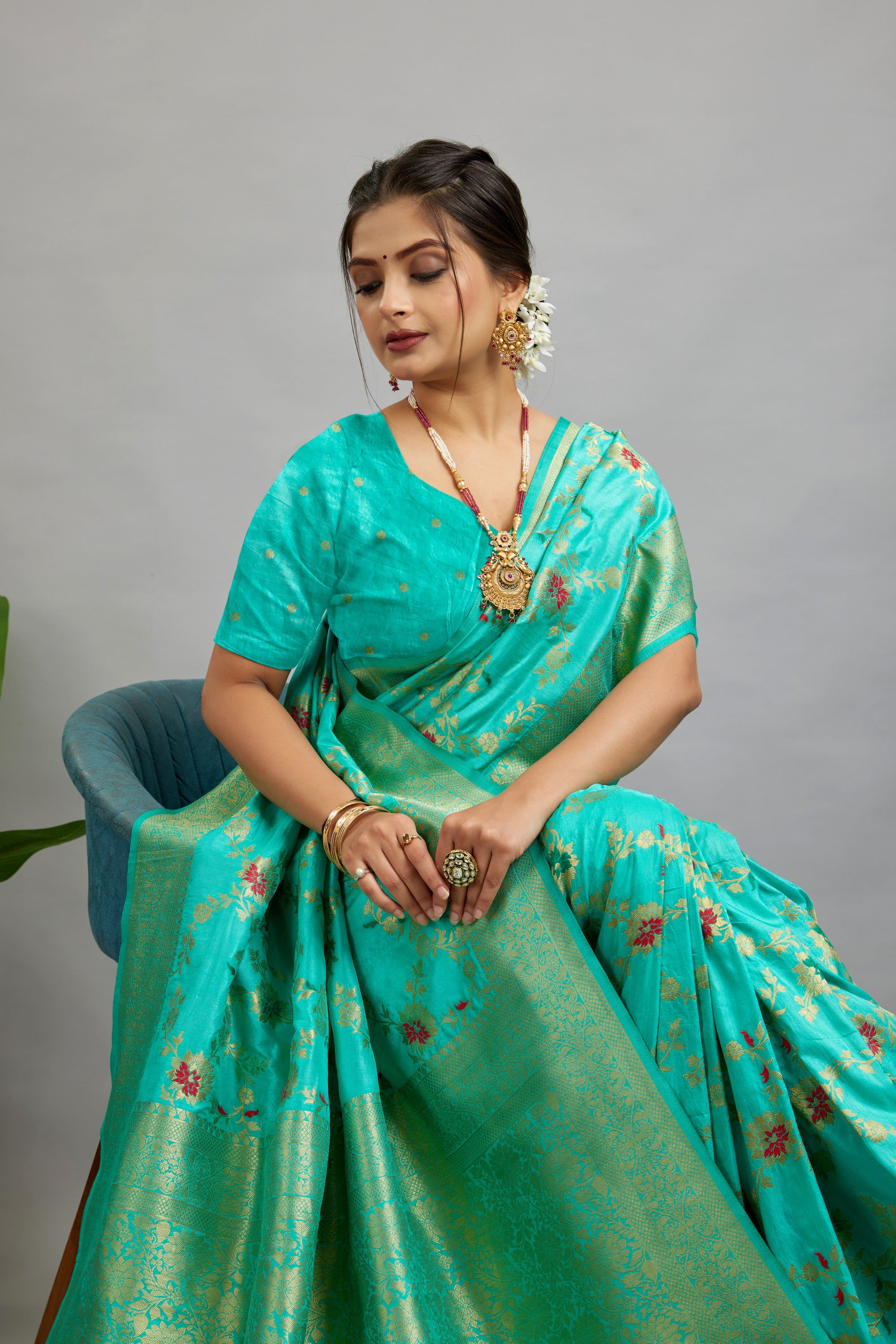 Mint Pure Banarasi Khadi Silk Saree
