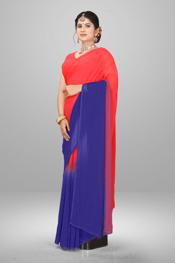 Georgette Red And Blue Ready To Wear Saree