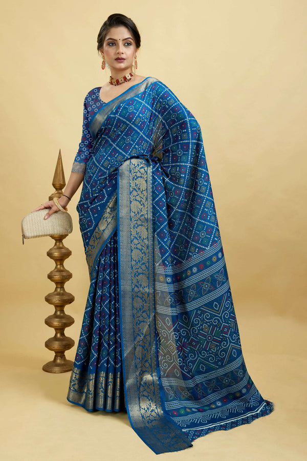 Blue Bandhani Print Soft Dola Cotton Kanjivaram Saree