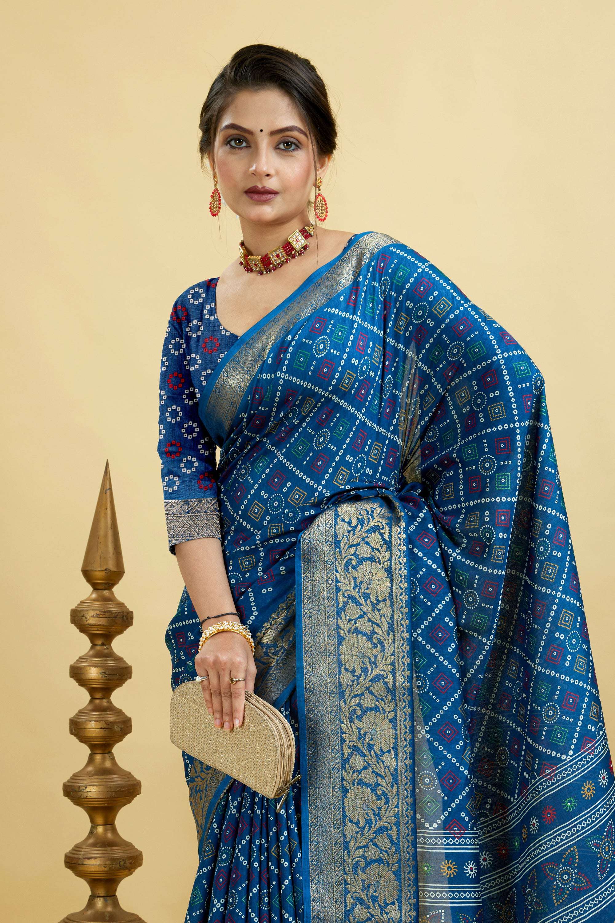Blue Bandhani Print Soft Dola Cotton Kanjivaram Saree