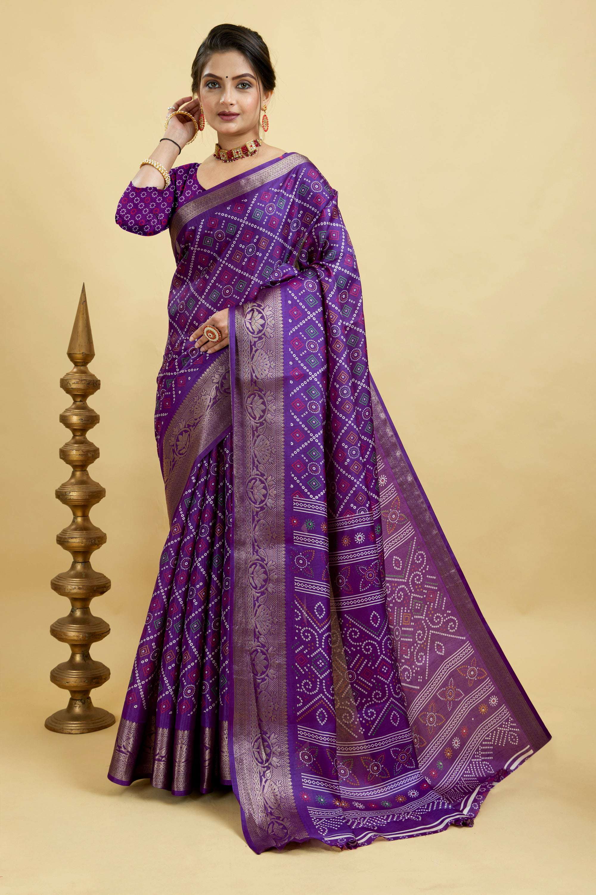 Purple Bandhani Print Soft Dola Cotton Kanjivaram Saree