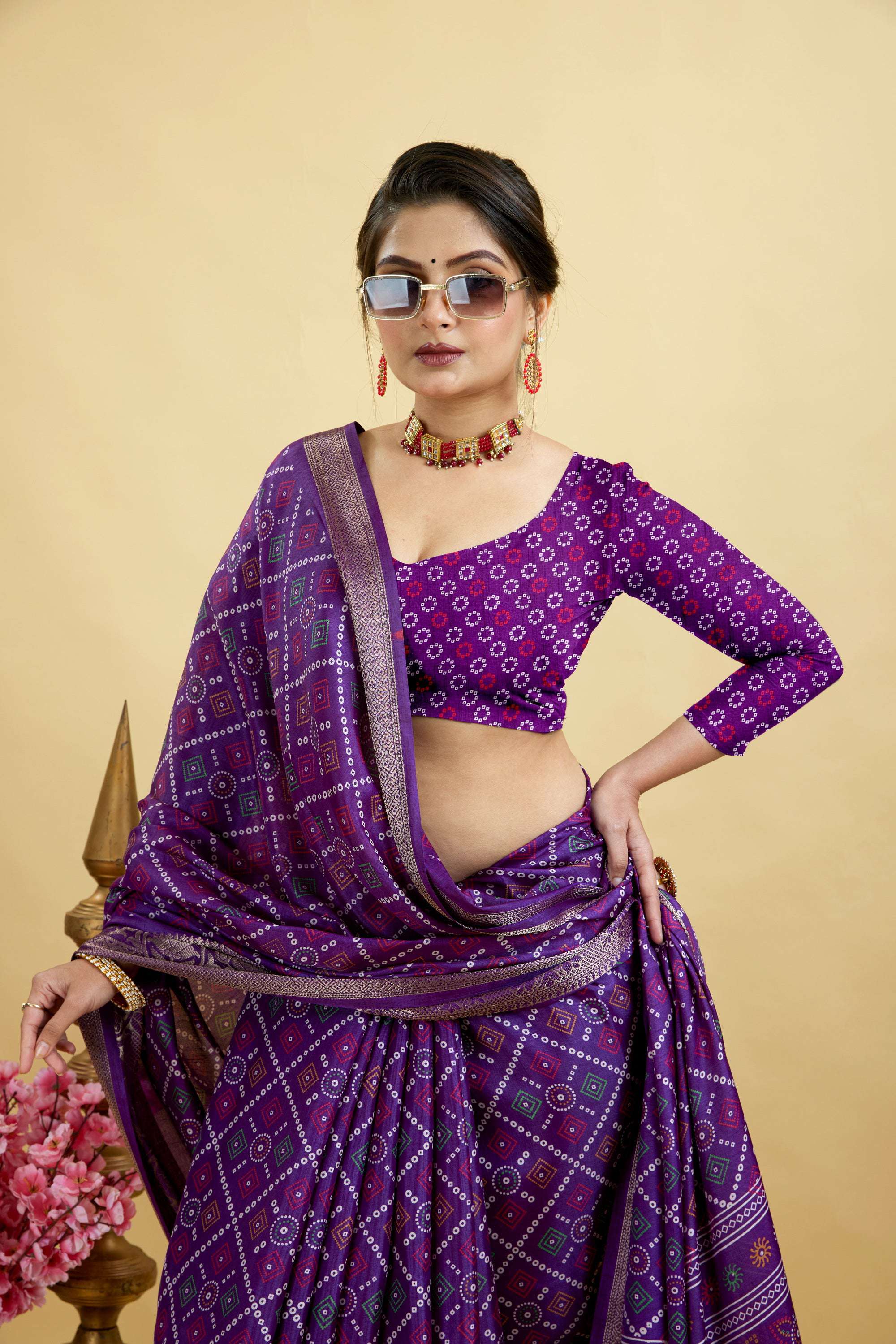 Purple Bandhani Print Soft Dola Cotton Kanjivaram Saree