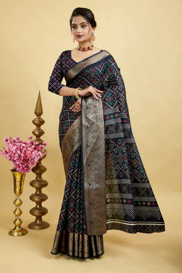 Black Bandhani Print Soft Dola Cotton Kanjivaram Saree