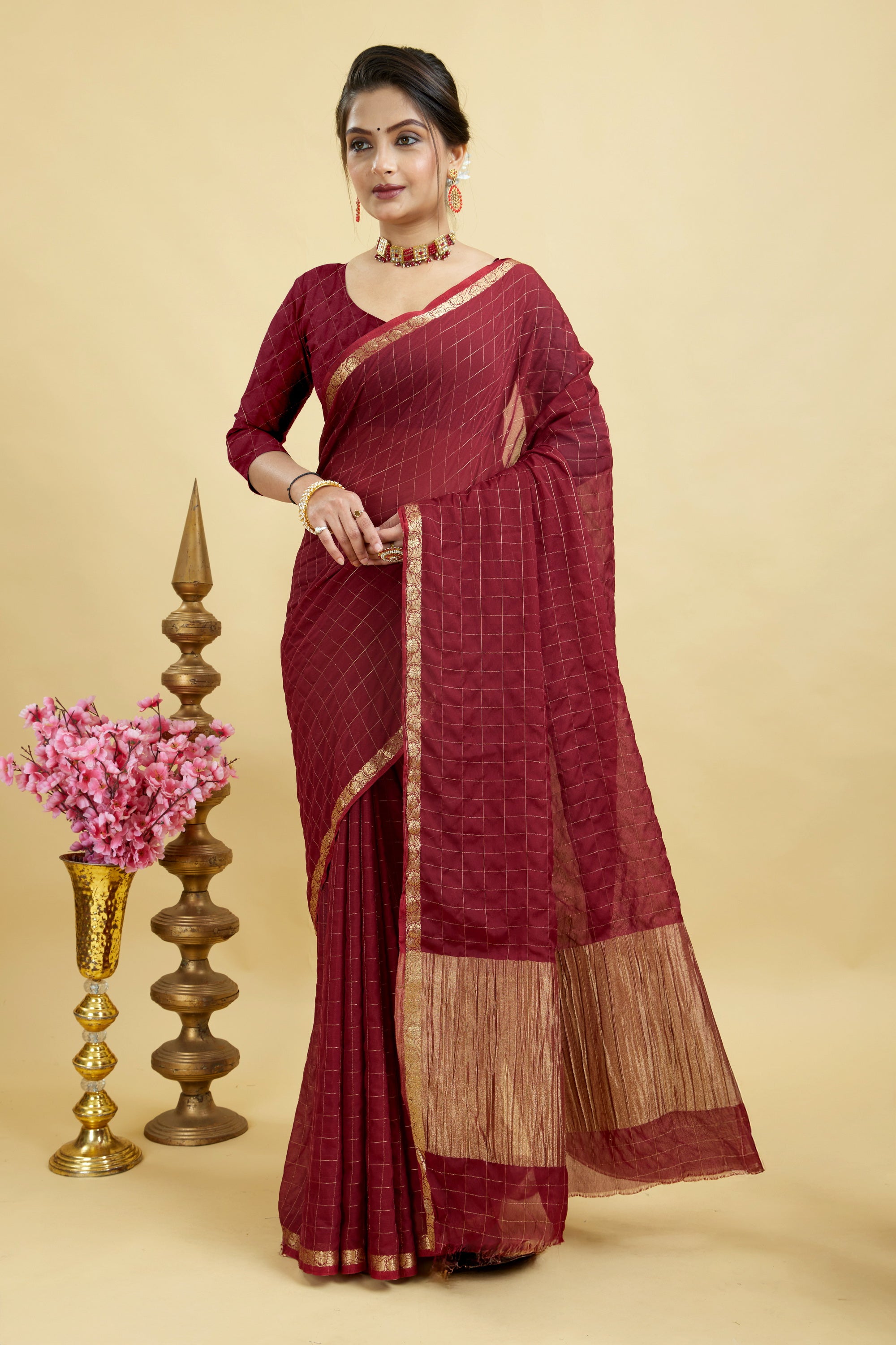 Red Woven Zari Border Viscose Chinnon Silk Saree