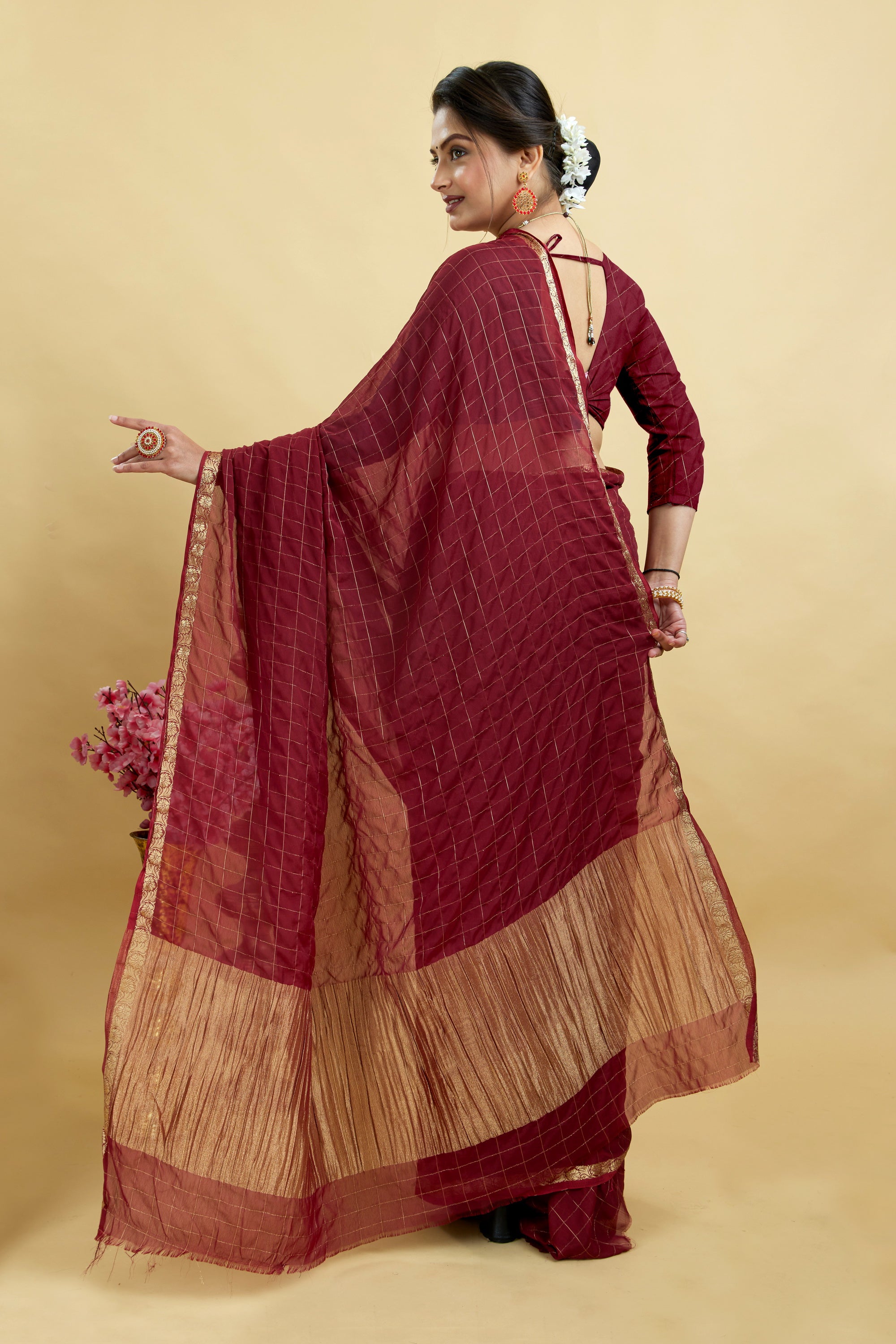 Red Woven Zari Border Viscose Chinnon Silk Saree