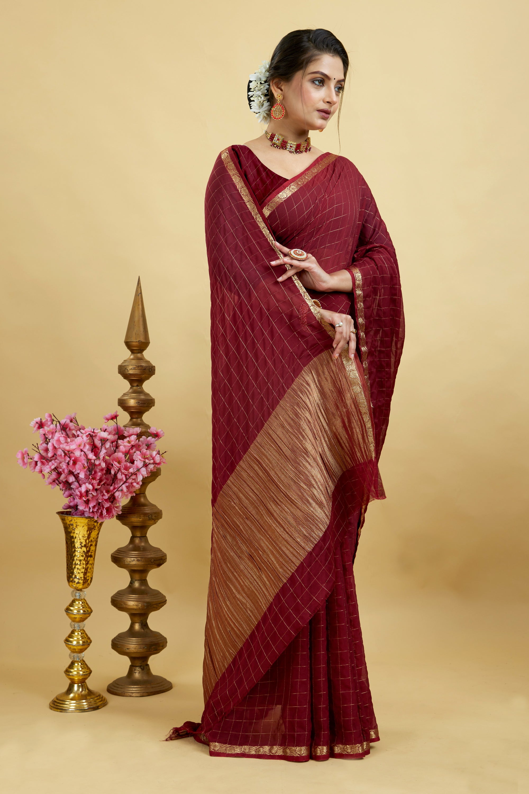 Red Woven Zari Border Viscose Chinnon Silk Saree