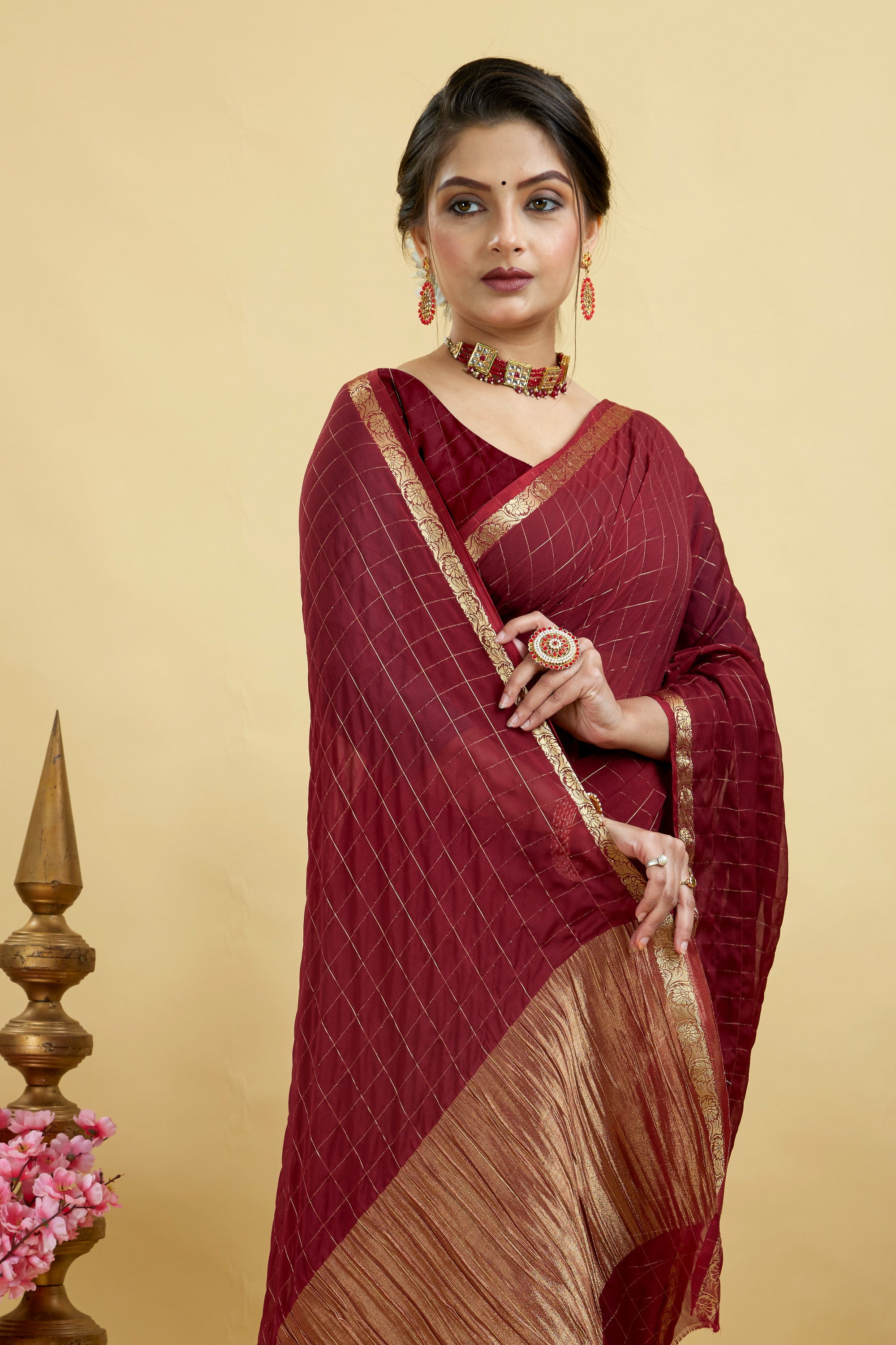 Red Woven Zari Border Viscose Chinnon Silk Saree