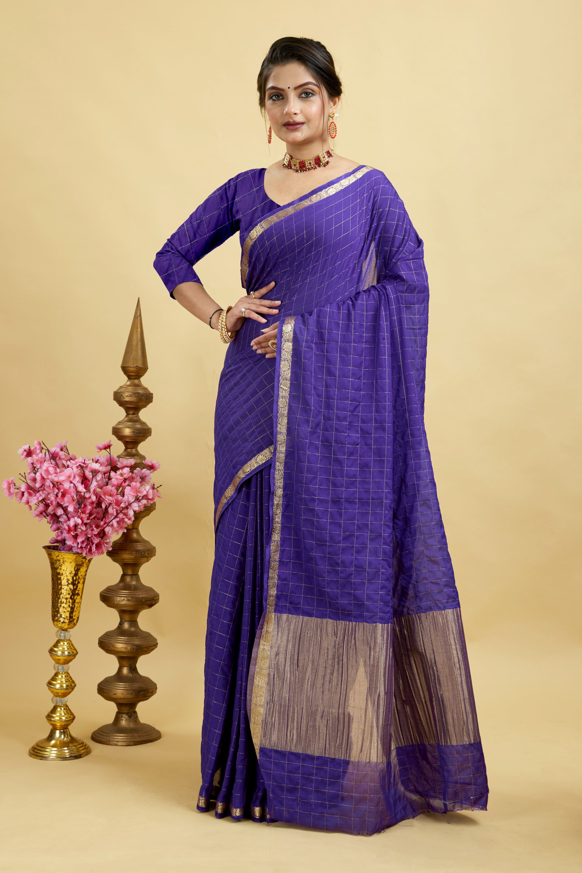 Blue Woven Zari Border Viscose Chinnon Silk Saree