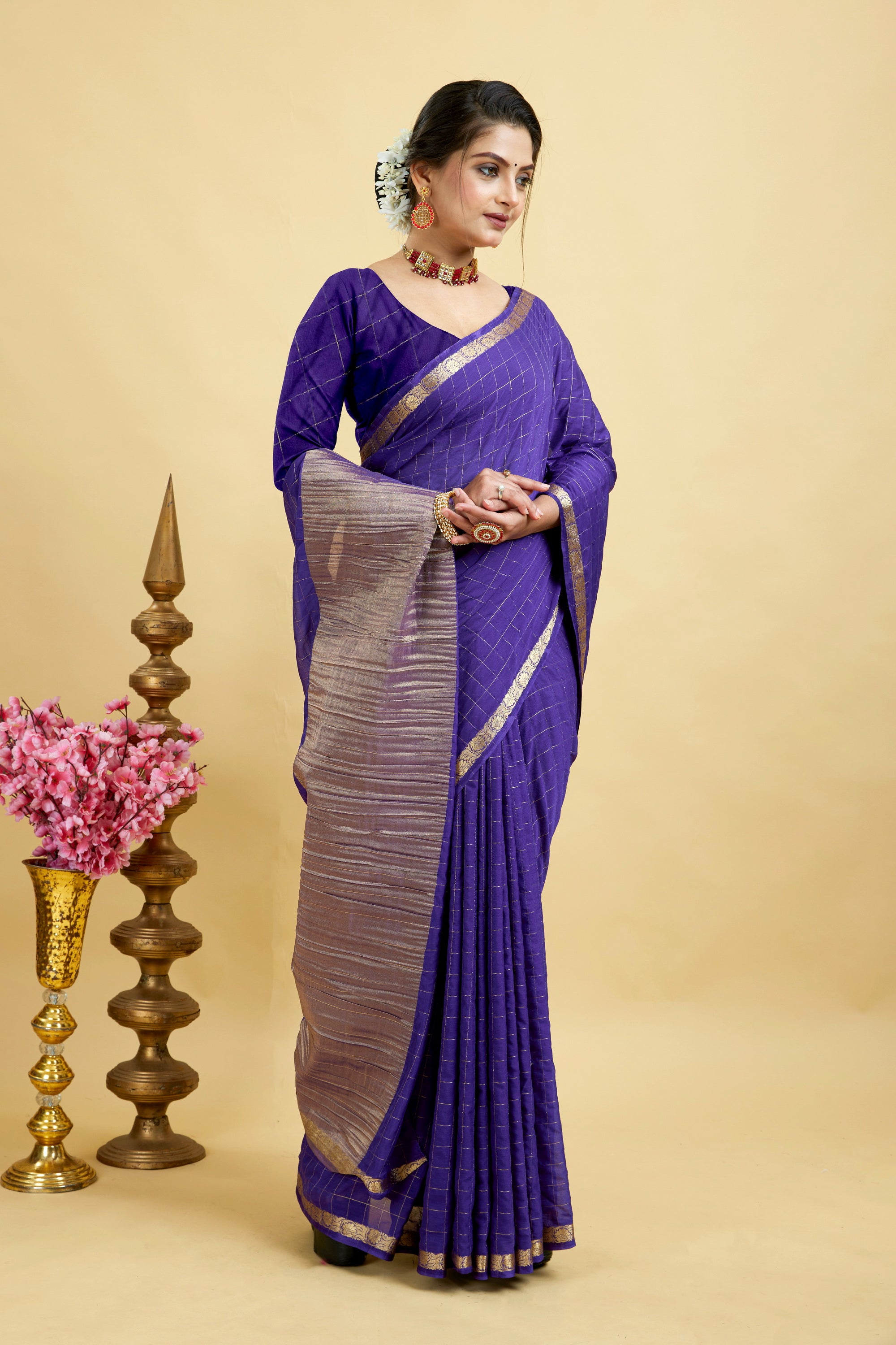 Blue Woven Zari Border Viscose Chinnon Silk Saree
