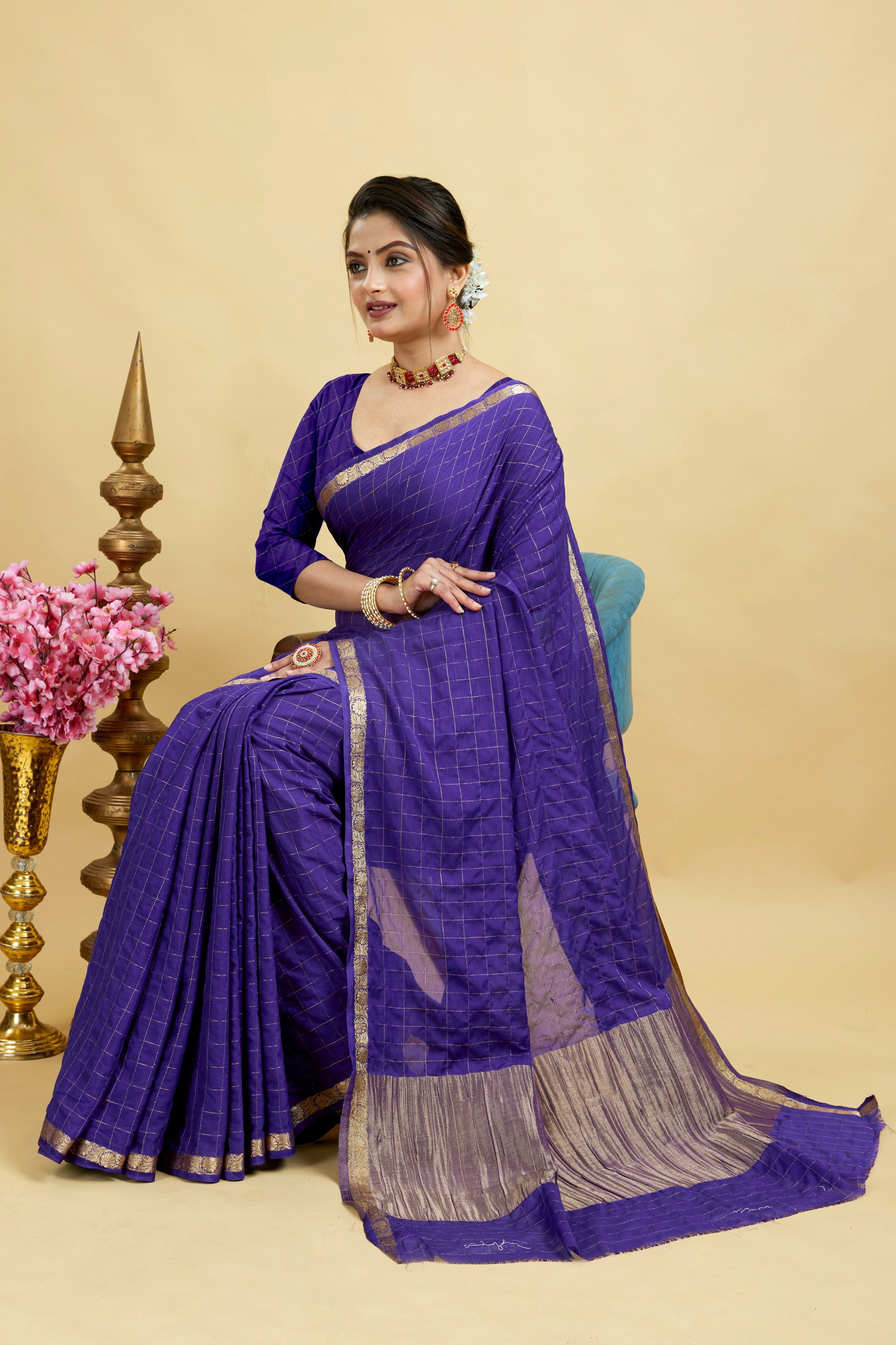 Blue Woven Zari Border Viscose Chinnon Silk Saree