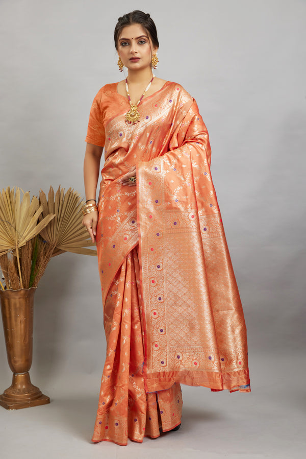 Peach Woven Banarasi Silk Saree