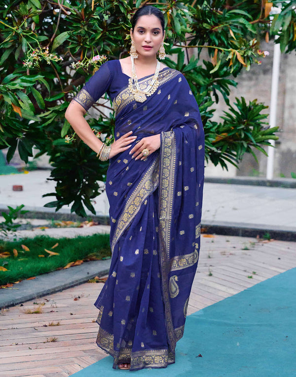 Blue Soft Cotton Silk Saree