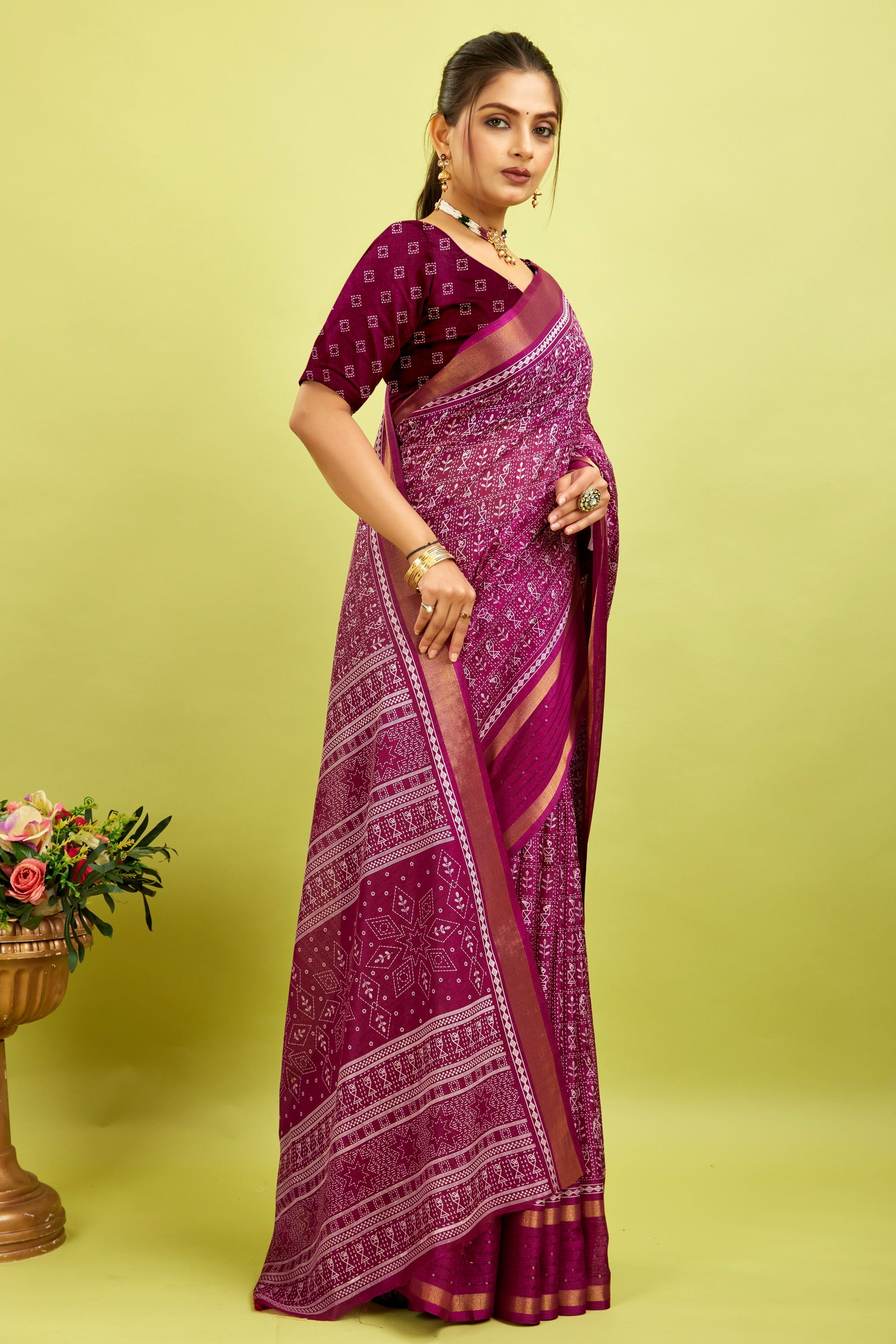 Purple Kalamkari Printed Cotton Silk Saree