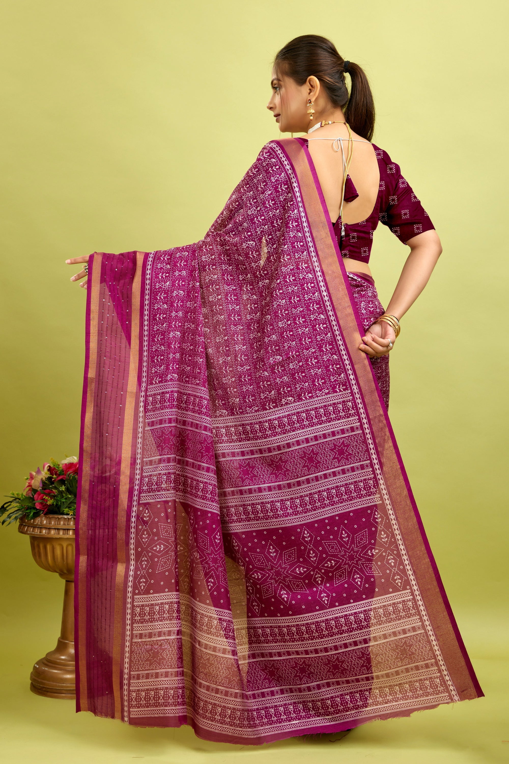 Purple Kalamkari Printed Cotton Silk Saree