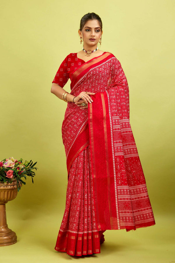 Red Kalamkari Printed Cotton Silk Saree