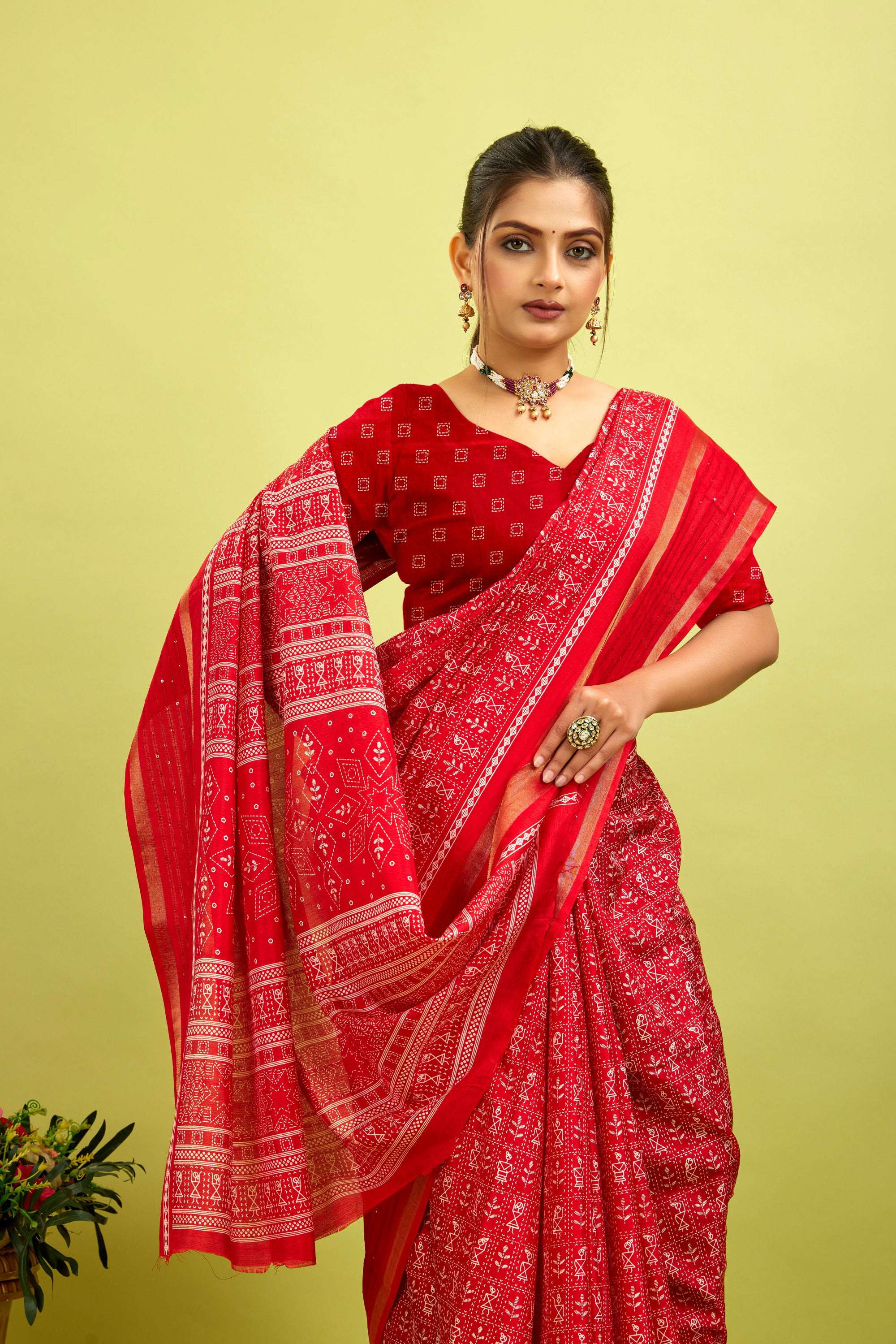 Red Kalamkari Printed Cotton Silk Saree