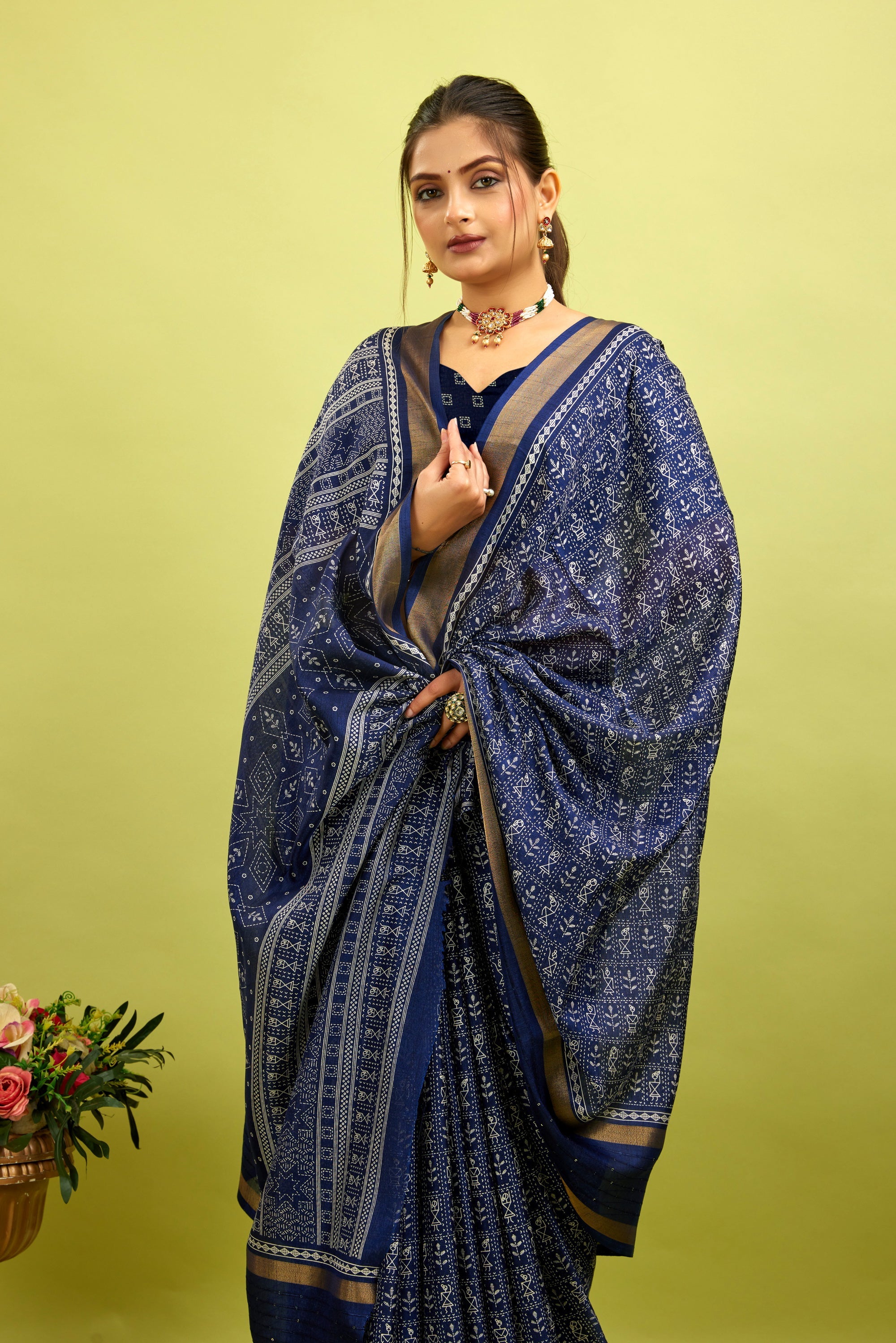 Navy Blue Kalamkari Printed Cotton Silk Saree