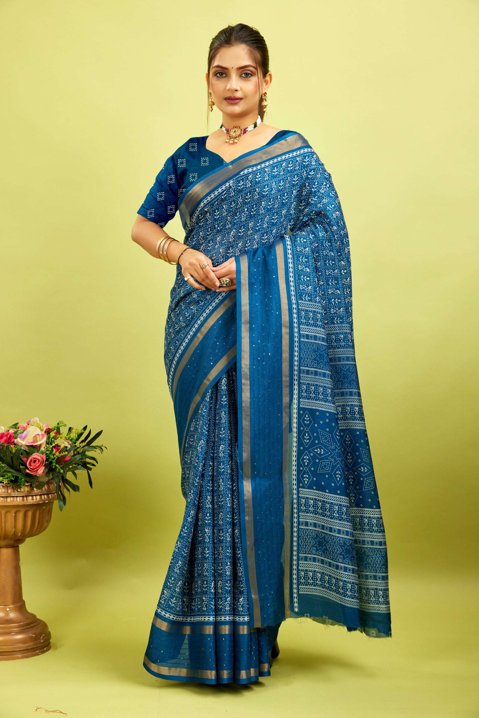 Blue Kalamkari Printed Cotton Silk Saree