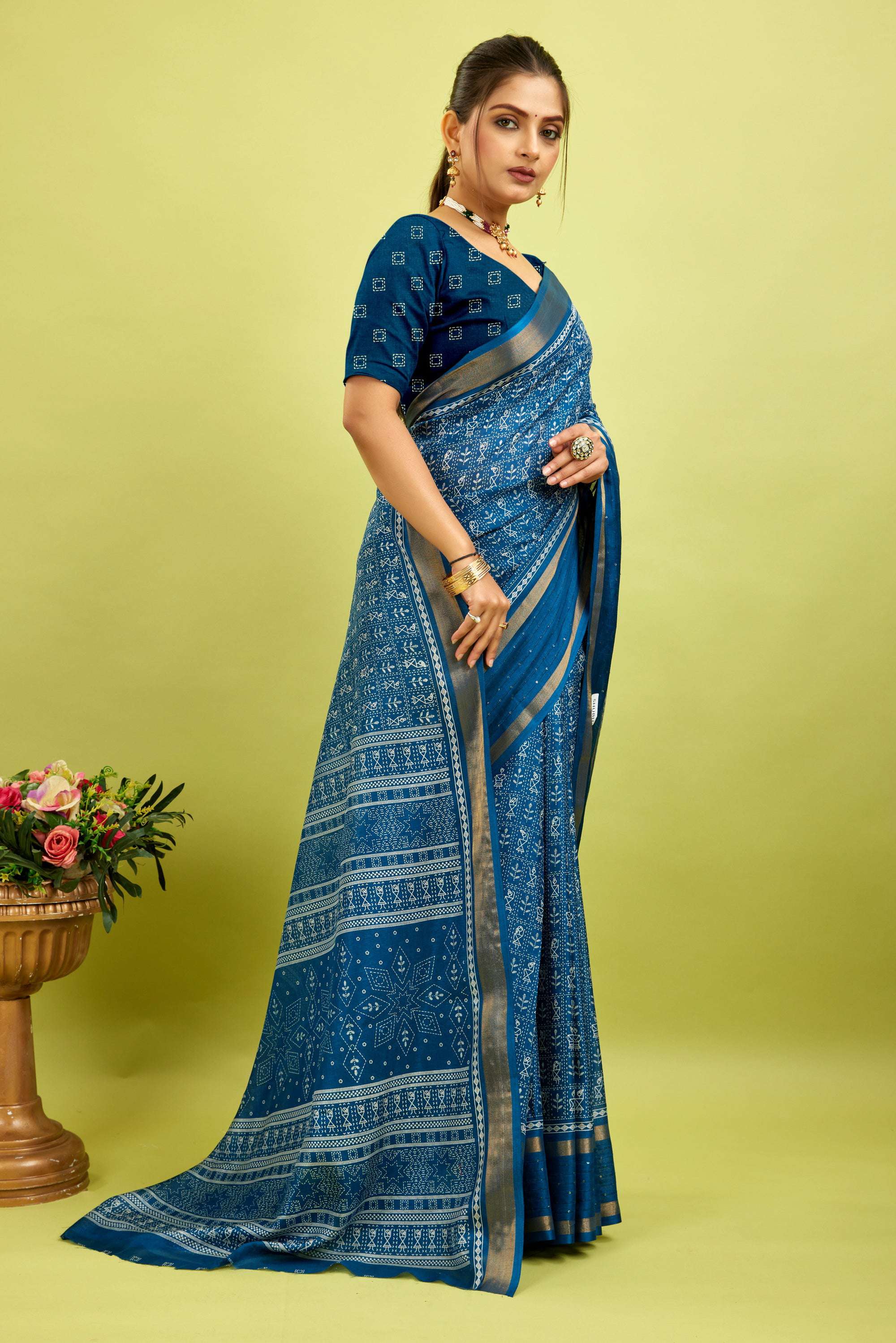 Blue Kalamkari Printed Cotton Silk Saree