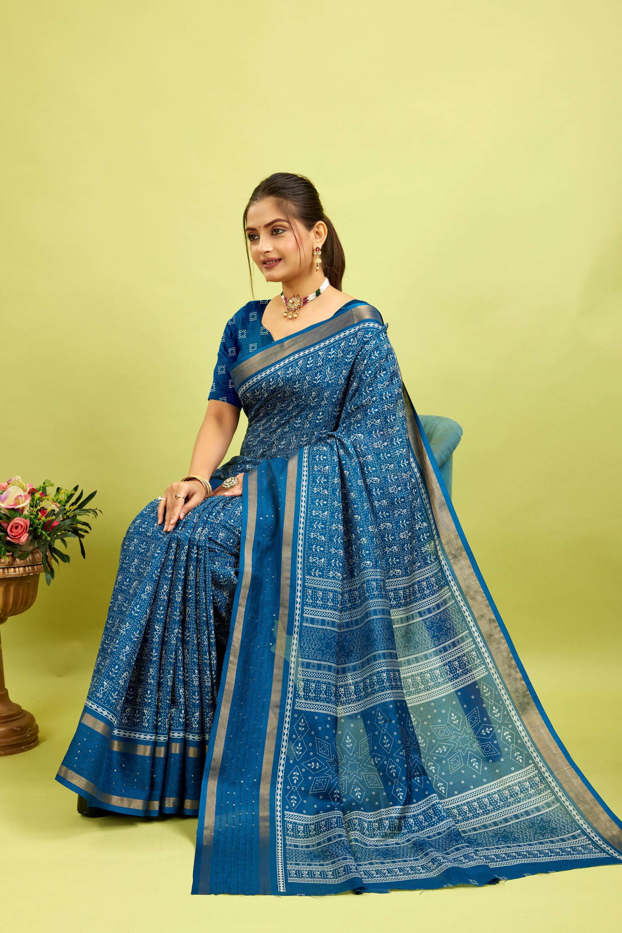 Blue Kalamkari Printed Cotton Silk Saree