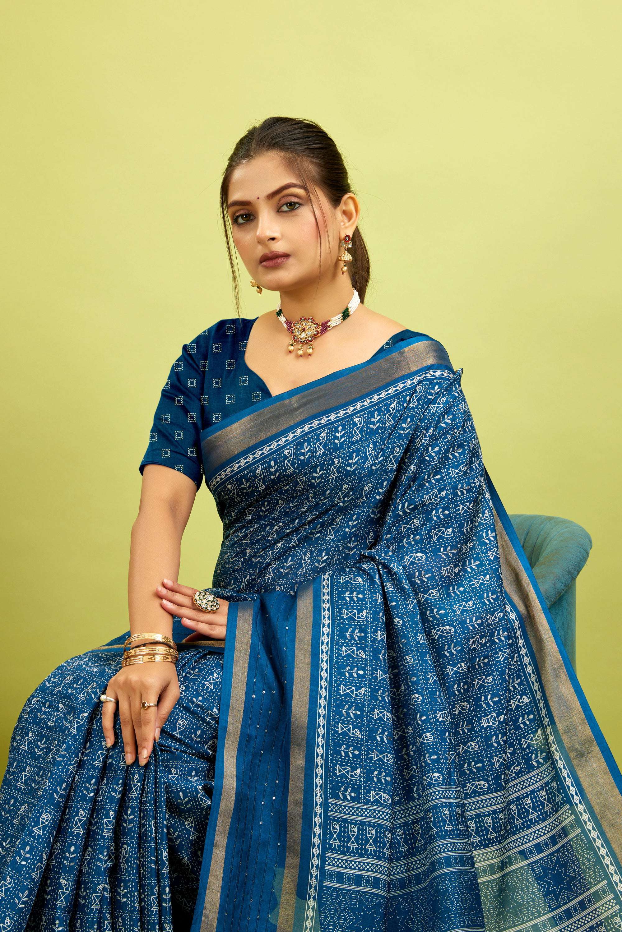 Blue Kalamkari Printed Cotton Silk Saree