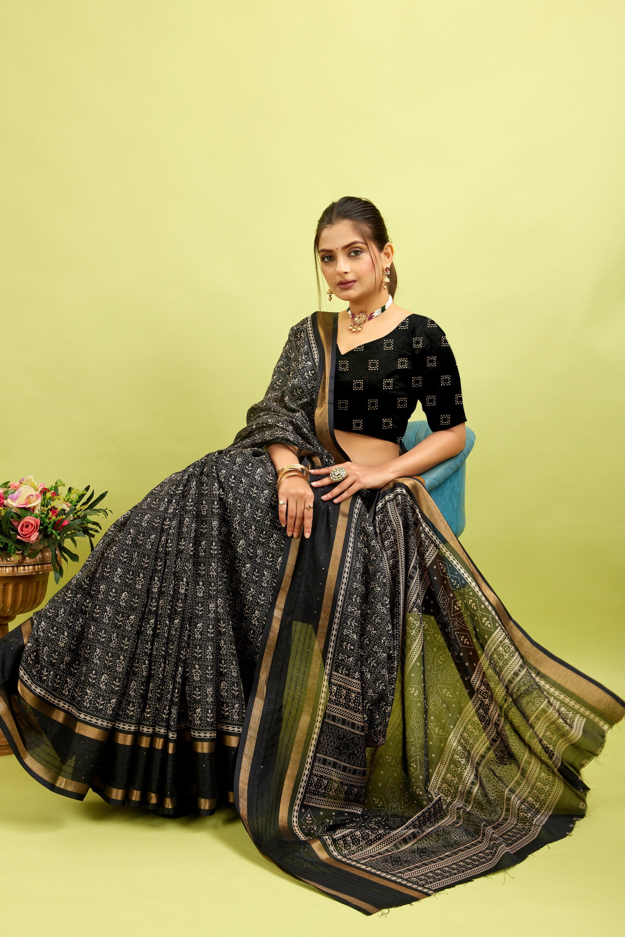 Black Kalamkari Printed Cotton Silk Saree