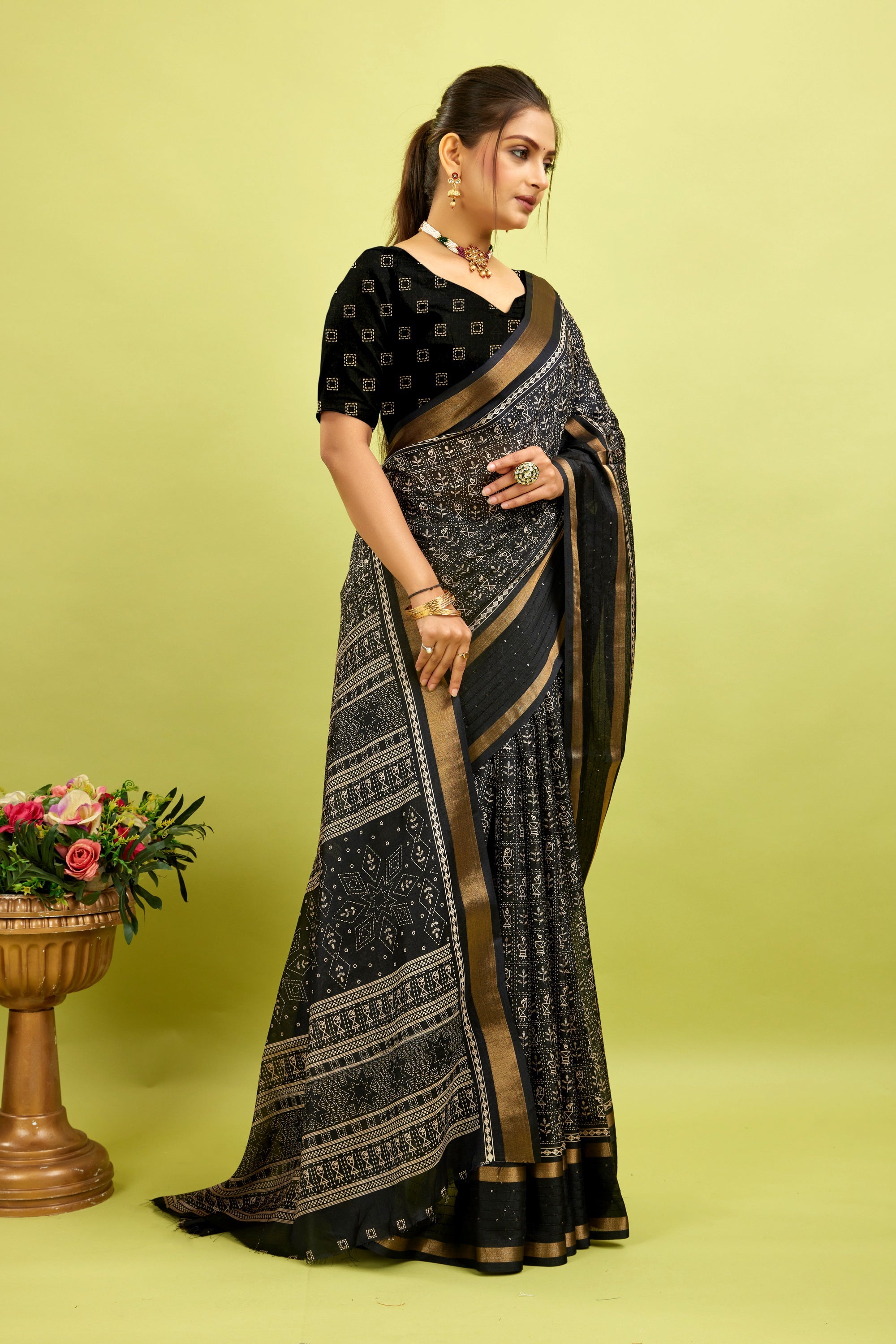 Black Kalamkari Printed Cotton Silk Saree
