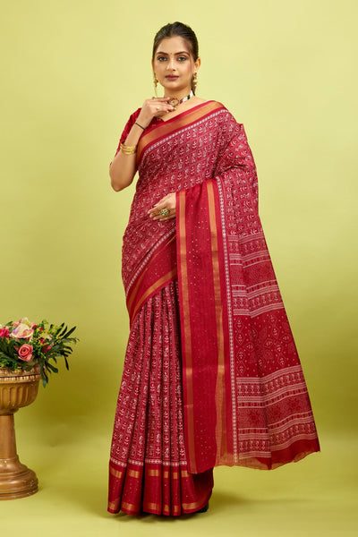 Maroon Kalamkari Printed Cotton Silk Saree