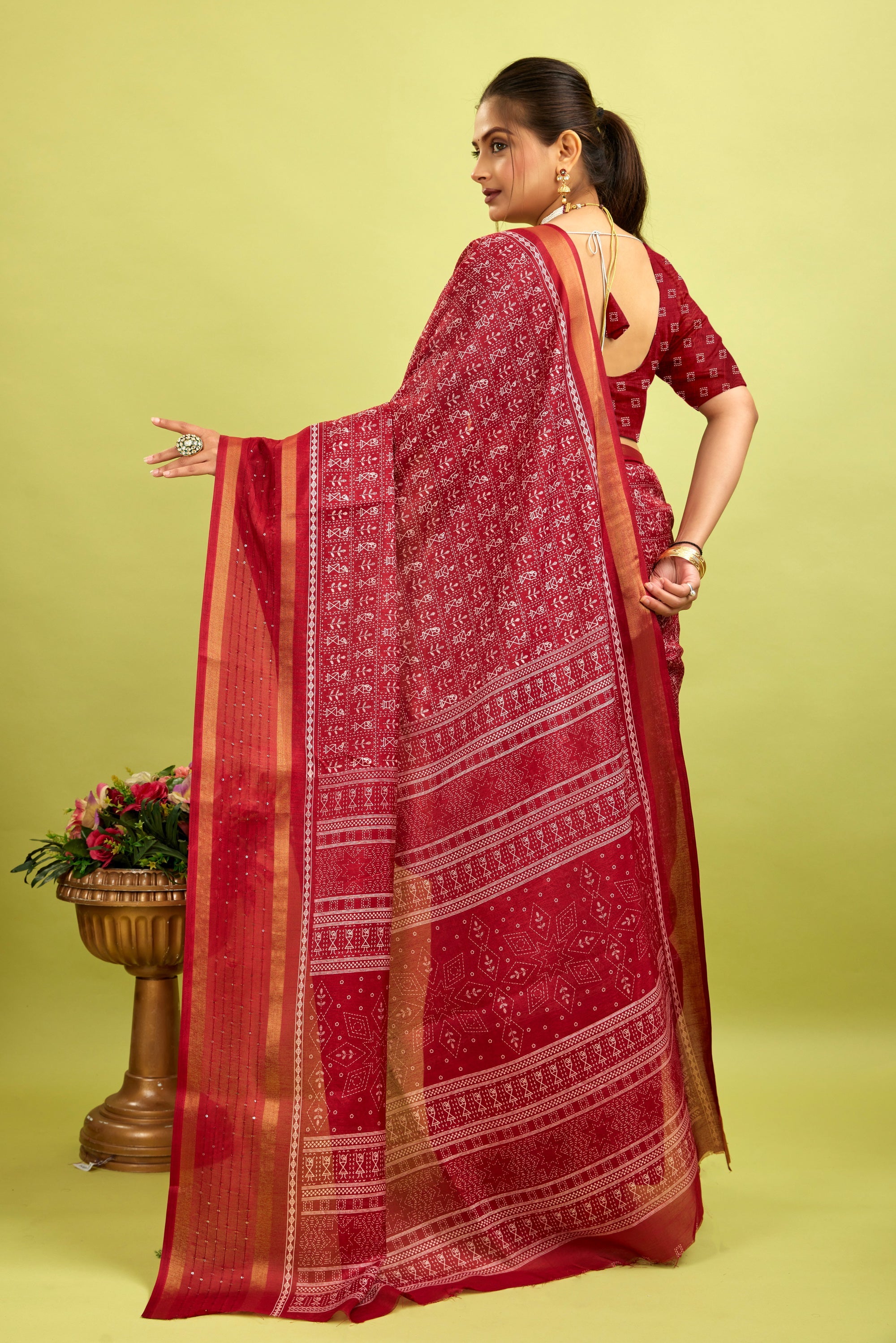 Maroon Kalamkari Printed Cotton Silk Saree