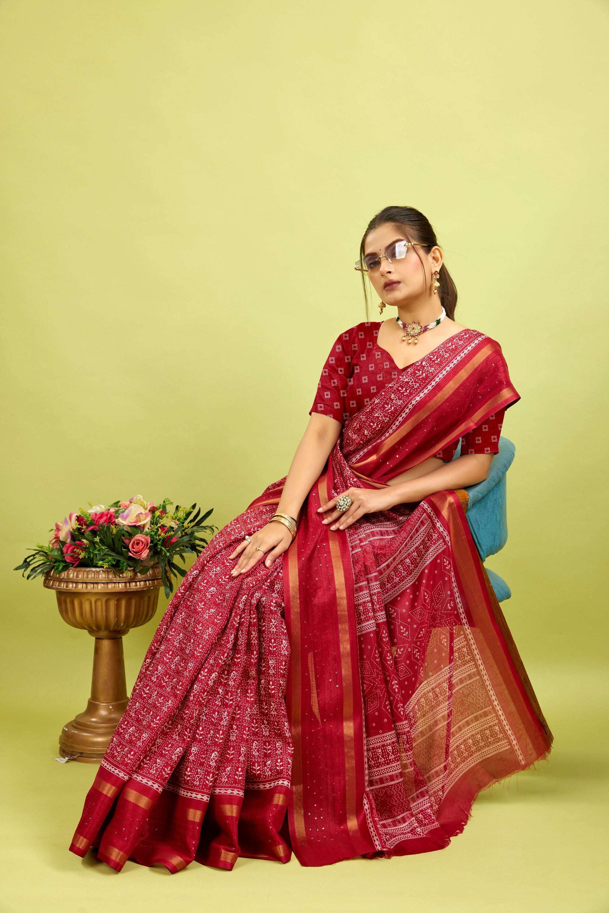 Maroon Kalamkari Printed Cotton Silk Saree