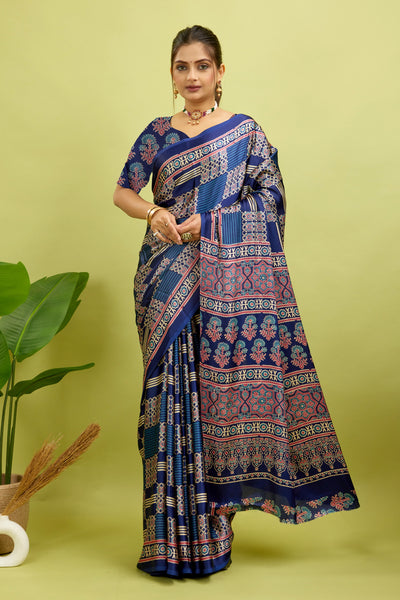 Navy Ajrakh Semi Gaji Silk Saree