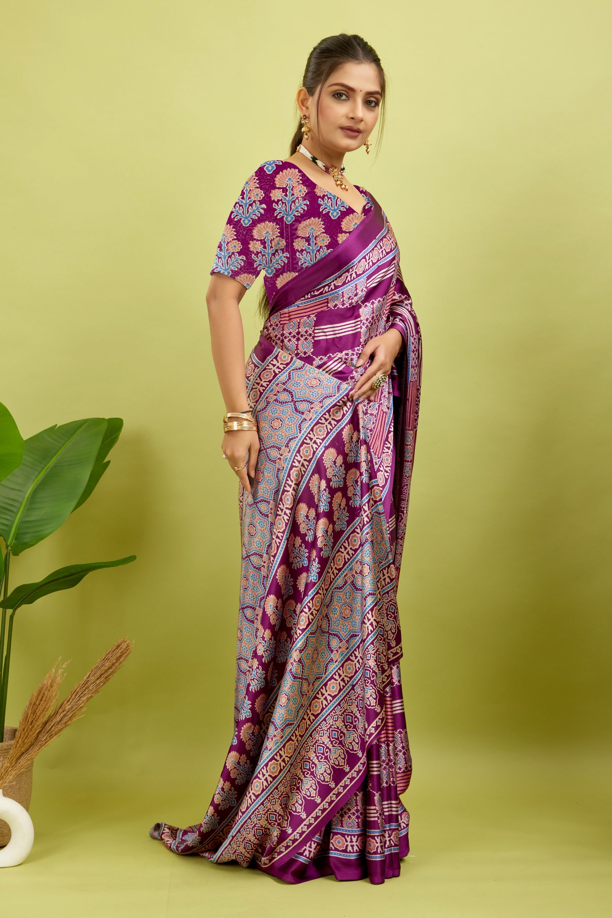 Purple Ajrakh Semi Gaji Silk Saree