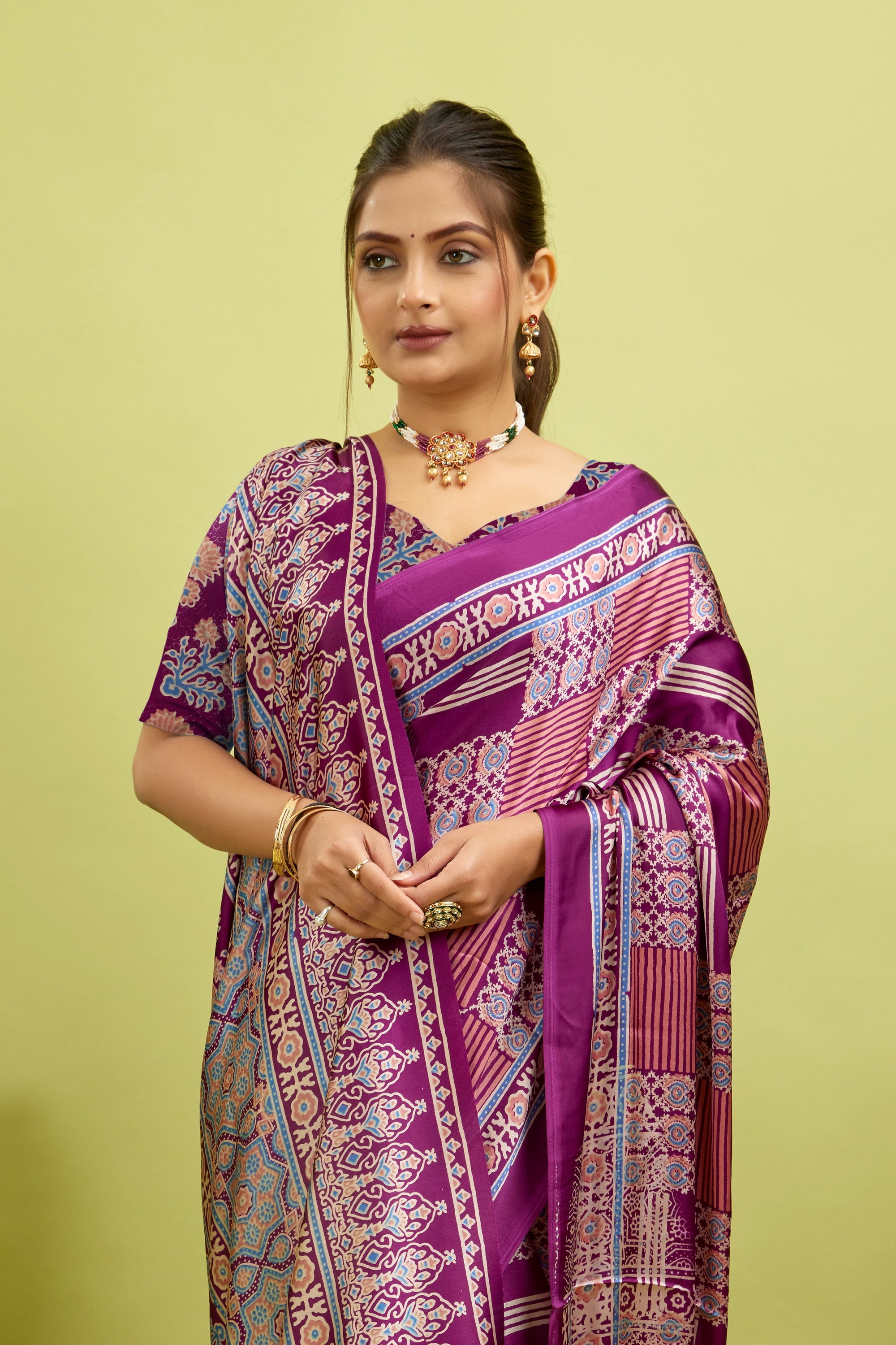 Purple Ajrakh Semi Gaji Silk Saree