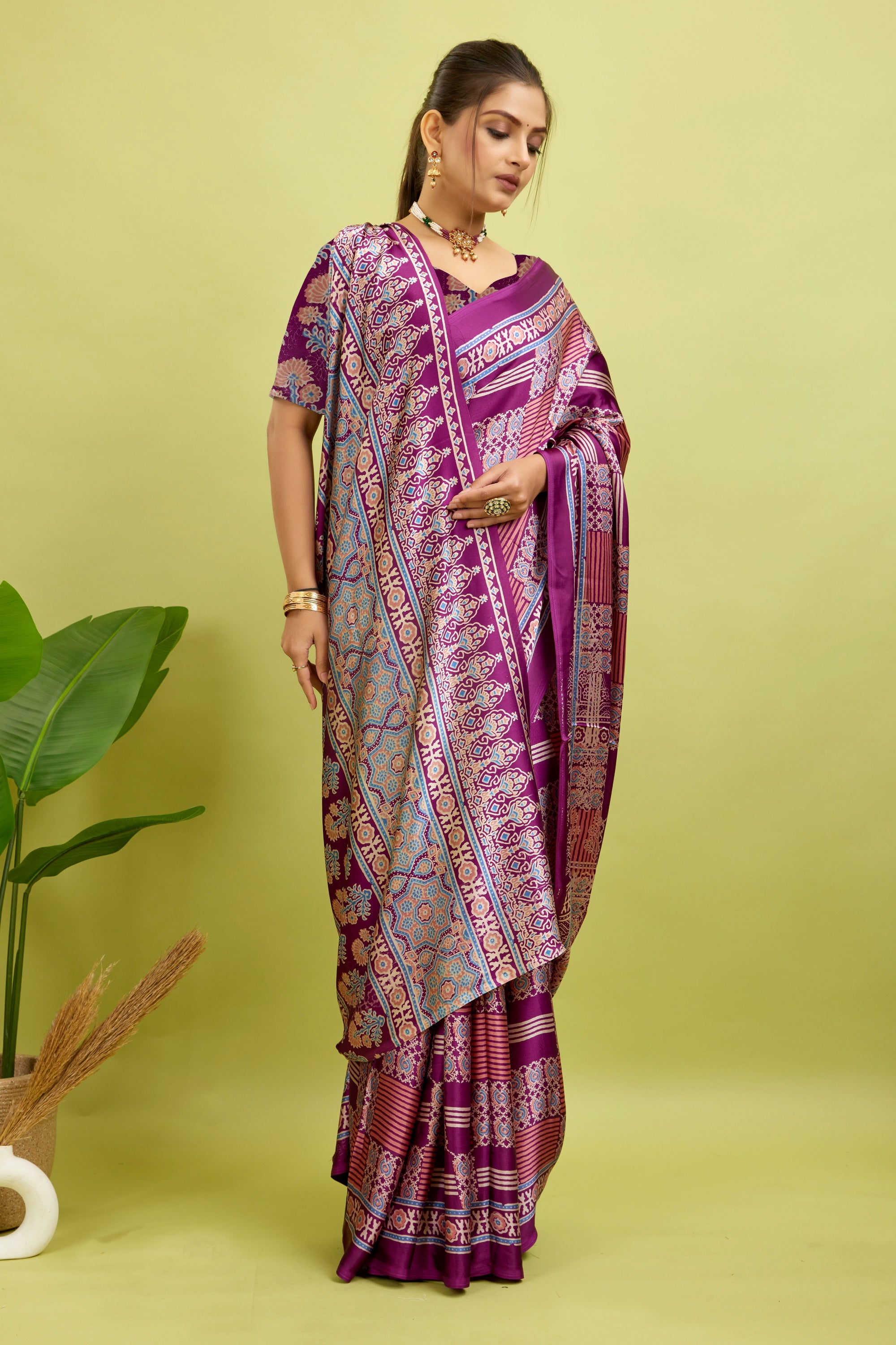 Purple Ajrakh Semi Gaji Silk Saree