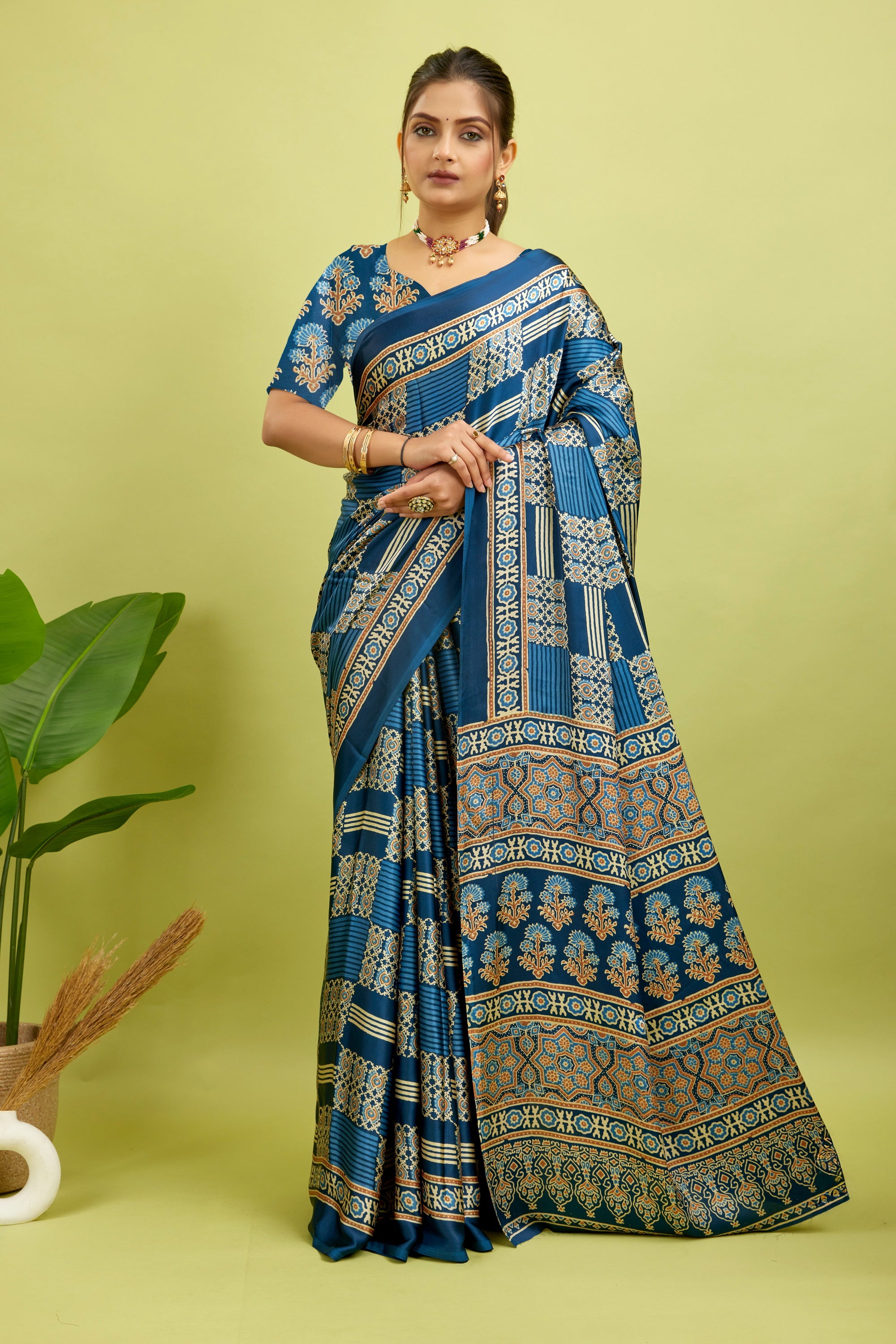 Royal Blue Ajrakh Semi Gaji Silk Saree