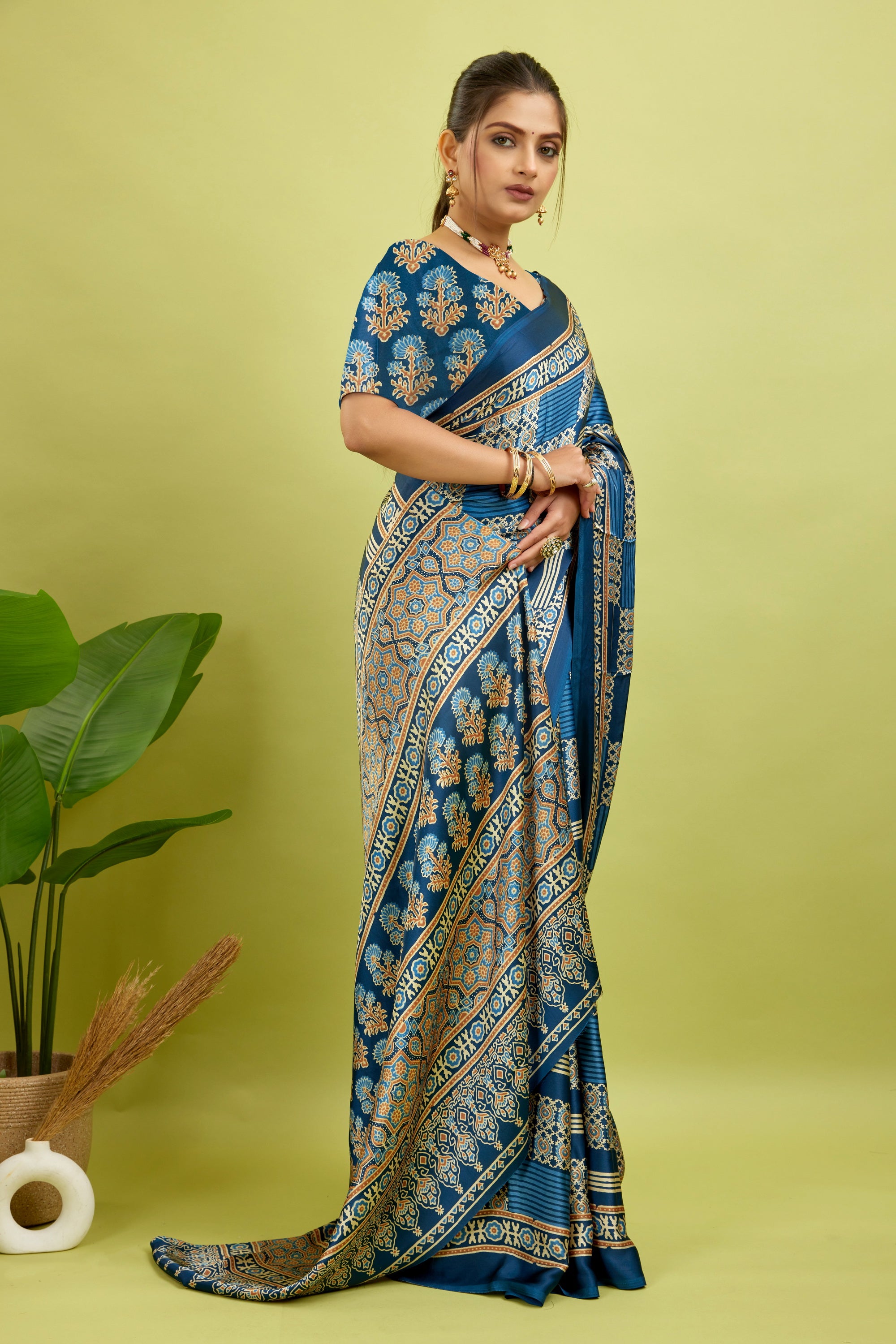 Royal Blue Ajrakh Semi Gaji Silk Saree